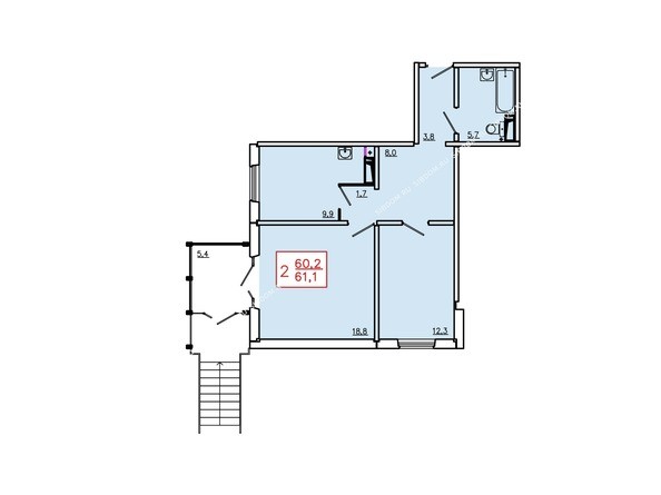 Планировка двухкомнатной квартиры 61,1 кв.м. 1 этаж