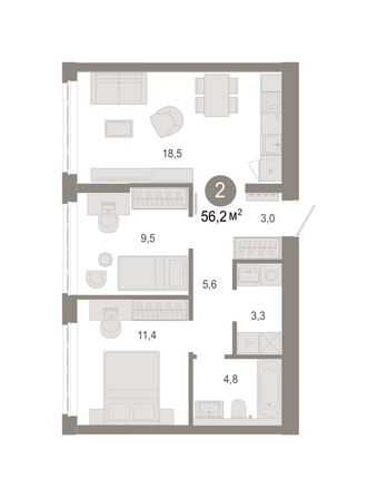 Планировка 2-комн 56,2 - 56,24 м²
