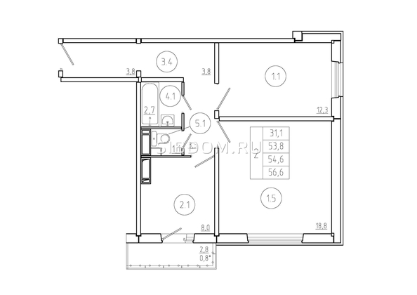 
   Продам 2-комнатную, 54.6 м², Три слона, дом 1

. Фото 1.