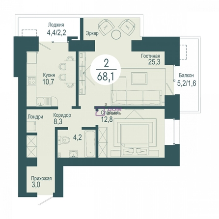 
   Продам 2-комнатную, 68.1 м², Авиаторов ул, 22

. Фото 19.