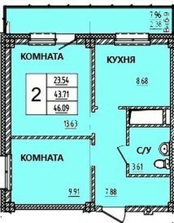 
   Продам 2-комнатную, 48.79 м², Дом на Светлова

. Фото 1.