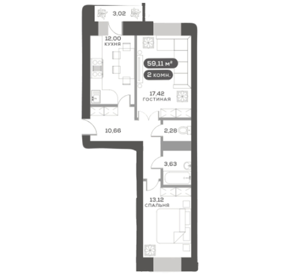 
   Продам 2-комнатную, 59.1 м², Сити-квартал на Взлетной, дом 1

. Фото 1.