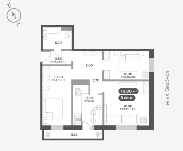 
   Продам 3-комнатную, 76.9 м², Вербная ул, 3

. Фото 2.