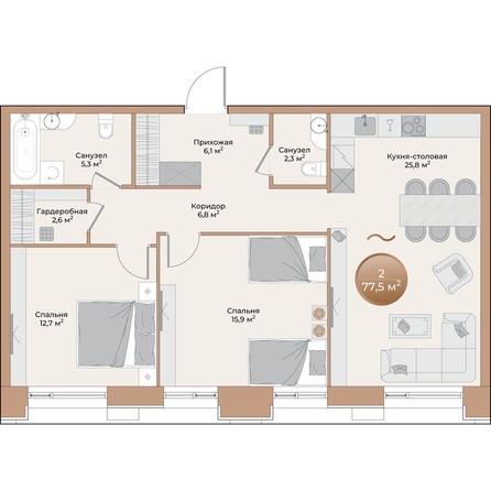 
  Продается 2-комн. квартира, 77.5 м², ЖК Небо над Енисеем, корпус 4
. Фото 2.