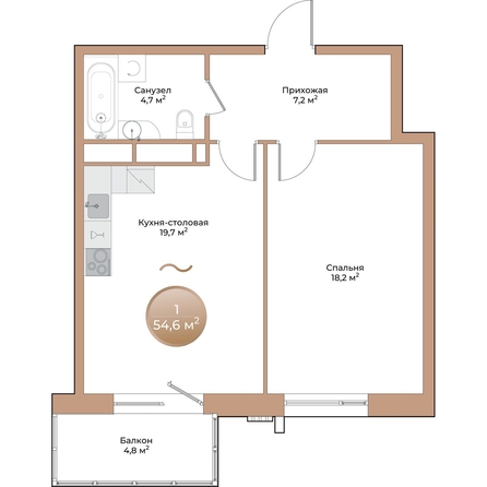 
  Продается 1-комн. квартира, 51.2 м², ЖК Небо над Енисеем, корпус 2
. Фото 3.