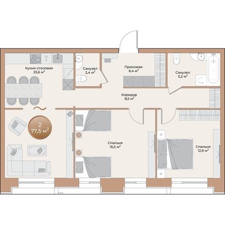 
  Продается 2-комн. квартира, 77.5 м², ЖК Небо над Енисеем
. Фото 1.