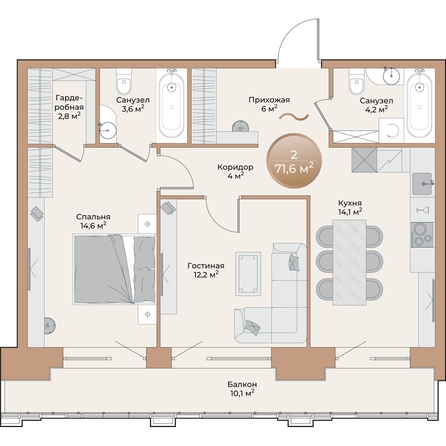 
  Продается 2-комн. квартира, 64.5 м², ЖК Небо над Енисеем
. Фото 2.