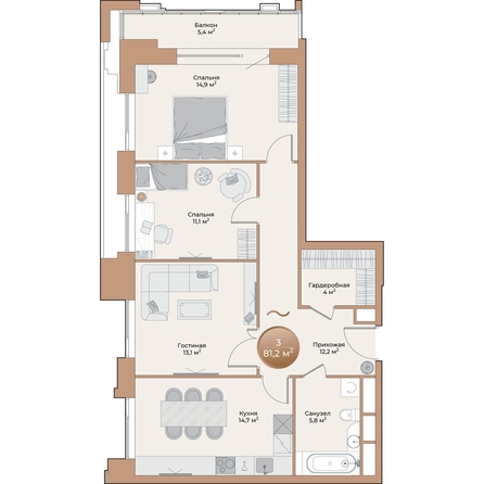 
  Продается 3-комн. квартира, 77.4 м², ЖК Небо над Енисеем
. Фото 2.