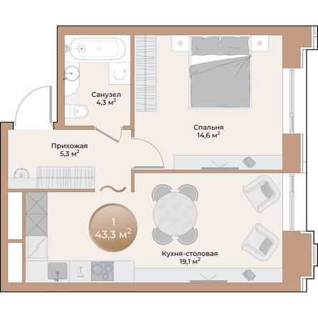 
  Продается 1-комн. квартира, 43.3 м², ЖК Небо над Енисеем
. Фото 2.