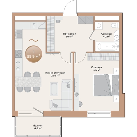 
  Продается 1-комн. квартира, 56.5 м², ЖК Небо над Енисеем
. Фото 1.