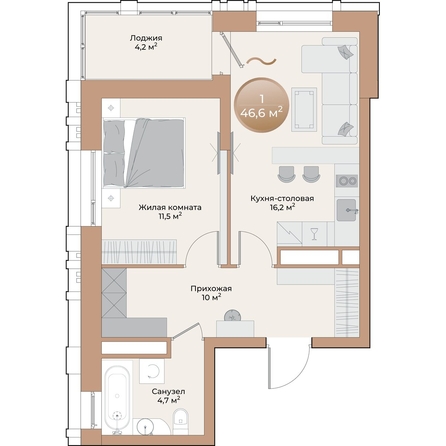 
  Продается 1-комн. квартира, 44.5 м², ЖК Небо над Енисеем
. Фото 1.