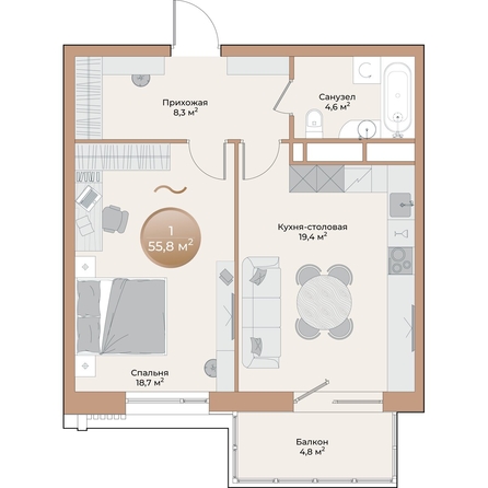 
  Продается 1-комн. квартира, 52.4 м², ЖК Небо над Енисеем
. Фото 1.