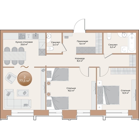 
  Продается 2-комн. квартира, 77.5 м², ЖК Небо над Енисеем
. Фото 1.