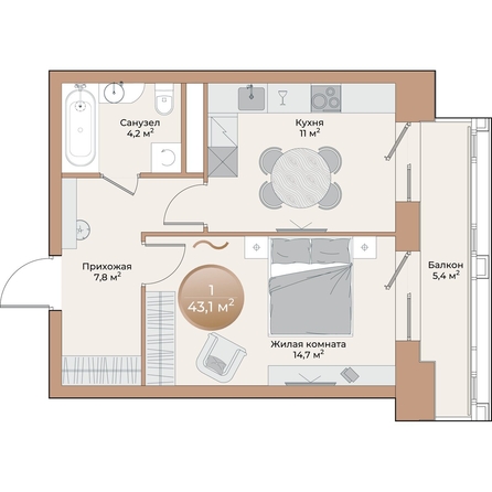 
  Продается 1-комн. квартира, 39.3 м², ЖК Небо над Енисеем
. Фото 2.