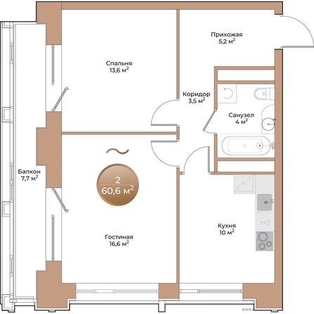 
  Продается 2-комн. квартира, 55.2 м², ЖК Небо над Енисеем
. Фото 3.