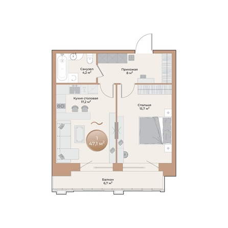 
  Продается 1-комн. квартира, 47.1 м², ЖК Небо над Енисеем
. Фото 2.