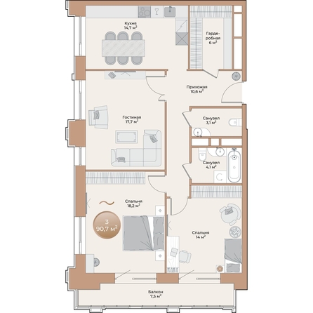 
  Продается 3-комн. квартира, 90.7 м², ЖК Небо над Енисеем
. Фото 2.