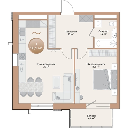 
  Продается 1-комн. квартира, 56.9 м², ЖК Небо над Енисеем
. Фото 2.