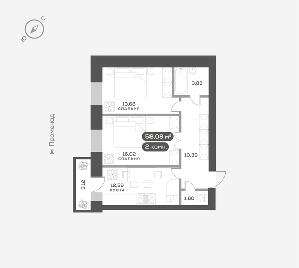 
  Продается 2-комн. квартира, 58.08 м², ЖК Сити-квартал Октябрьский, дом 2
. Фото 6.
