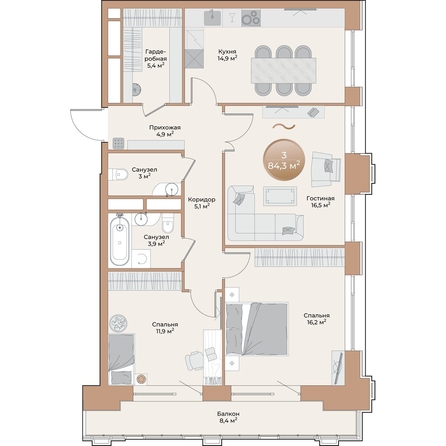 
  Продается 3-комн. квартира, 84.3 м², ЖК Небо над Енисеем
. Фото 2.