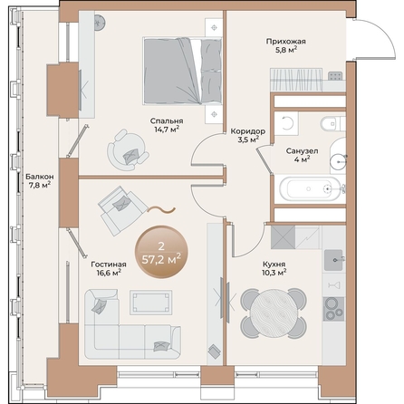 
  Продается 2-комн. квартира, 57.2 м², ЖК Небо над Енисеем
. Фото 2.