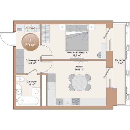 
  Продается 1-комн. квартира, 39 м², ЖК Небо над Енисеем
. Фото 2.