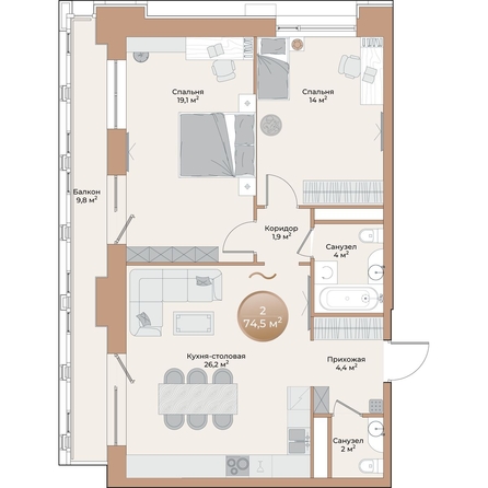 
  Продается 2-комн. квартира, 74.5 м², ЖК Небо над Енисеем
. Фото 3.