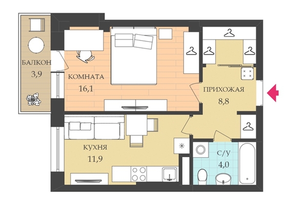 
  Продается 1-комн. квартира, 41.3 м², ЖК Движение
. Фото 1.