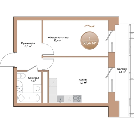 
  Продается 1-комн. квартира, 39.4 м², ЖК Небо над Енисеем
. Фото 1.