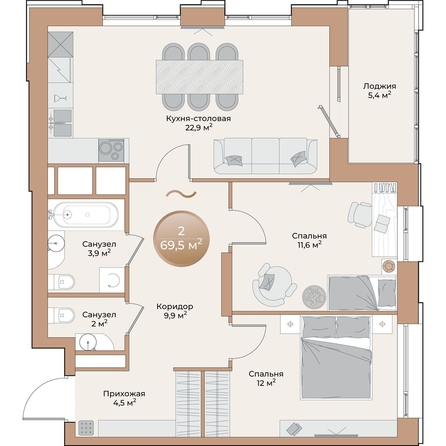 
  Продается 2-комн. квартира, 69.5 м², ЖК Небо над Енисеем
. Фото 2.