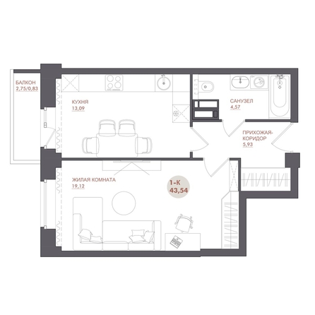 
  Продается 1-комн. квартира 43.54 м², в ЖК Звезда. Фото 2.