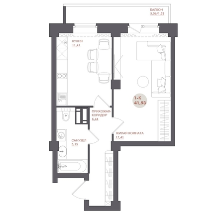 
  Продается 1-комн. квартира 41.93 м², в ЖК Звезда. Фото 2.