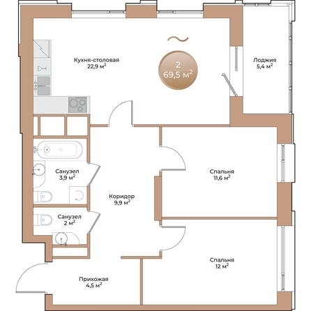 
  Продается 2-комн. квартира 69.5 м², в ЖК Небо над Енисеем. Фото 1.