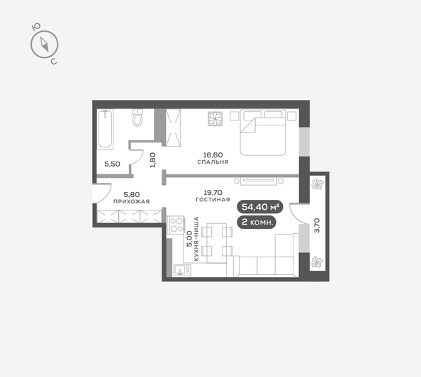 
  Продается 2-комн. квартира 54.7 м². Фото 6.