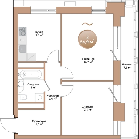 
  Продается 2-комн. квартира 54.9 м², в ЖК Небо над Енисеем. Фото 1.