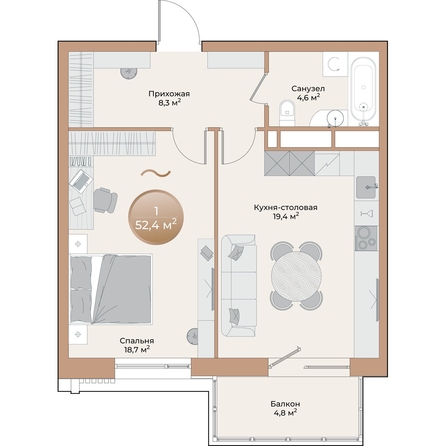 
  Продается 1-комн. квартира 52.4 м², в ЖК Небо над Енисеем. Фото 2.