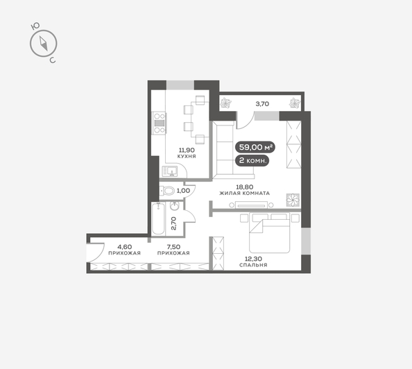 
  Продается 2-комн. квартира 59.5 м², в ЖК Белый квартал на Свободном, дом 3. Фото 6.