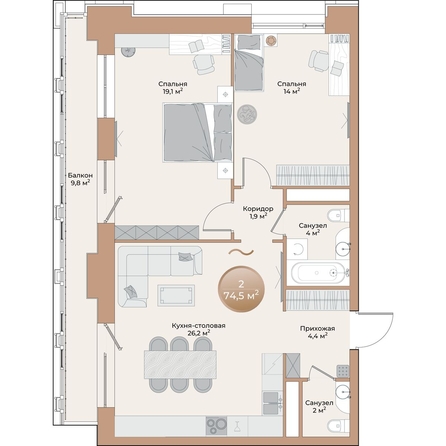 
  Продается 2-комн. квартира 74.5 м², в ЖК Небо над Енисеем. Фото 2.