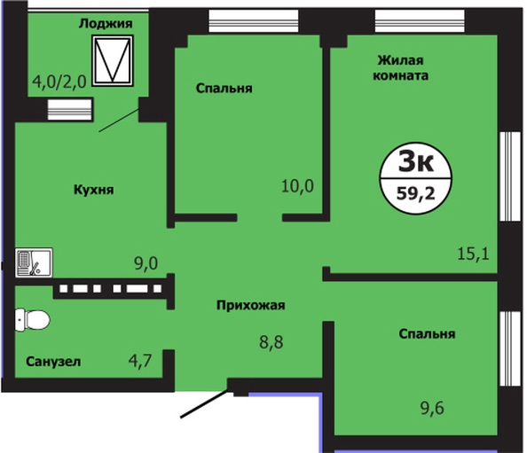 
  Продается 3-комн. квартира 59.2 м², в ЖК Тихие зори, дом Гранит корпус 2. Фото 1.