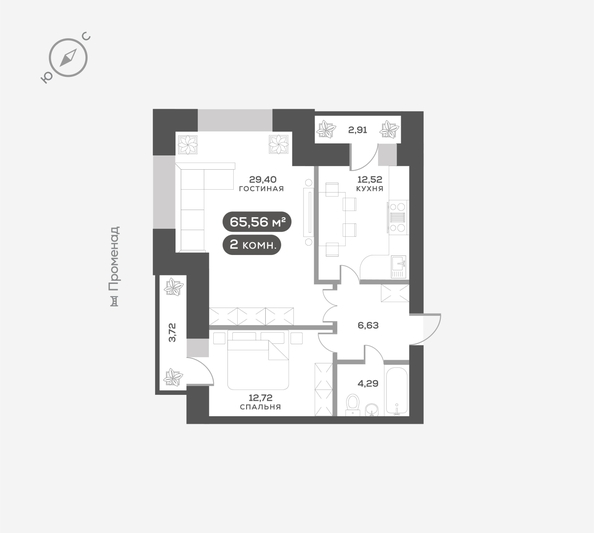 
  Продается 2-комн. квартира 66.4 м², в ЖК ОКТА, дом 2. Фото 6.