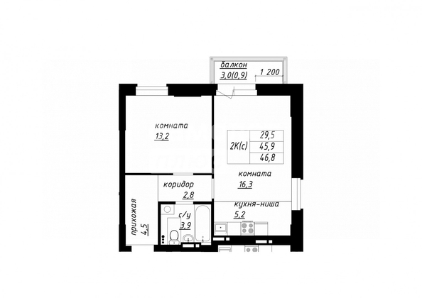 
   Продам 2-комнатную, 46.8 м², Чайка

. Фото 10.