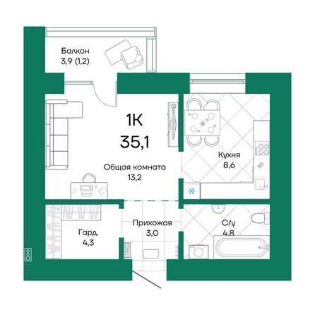 
  Продается 1-комн. квартира, 35.1 м², ЖК Широта, корпус 1
. Фото 1.