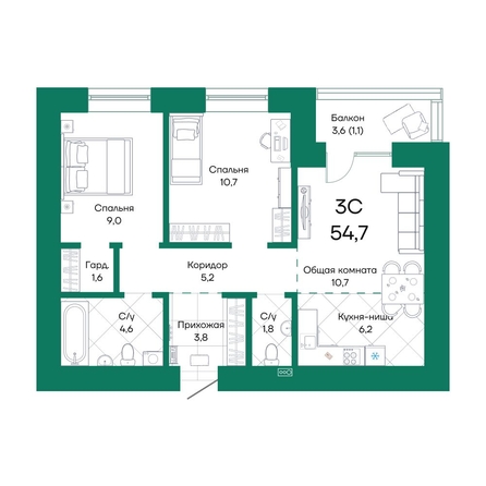 
  Продается 3-комн. квартира, 54.7 м², ЖК Широта, корпус 1
. Фото 1.