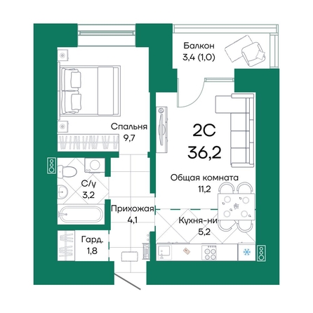 
  Продается 2-комн. квартира, 36.2 м², ЖК Широта, корпус 2
. Фото 1.