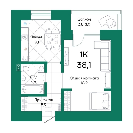 
  Продается 1-комн. квартира, 38.1 м², ЖК Широта, корпус 2
. Фото 1.