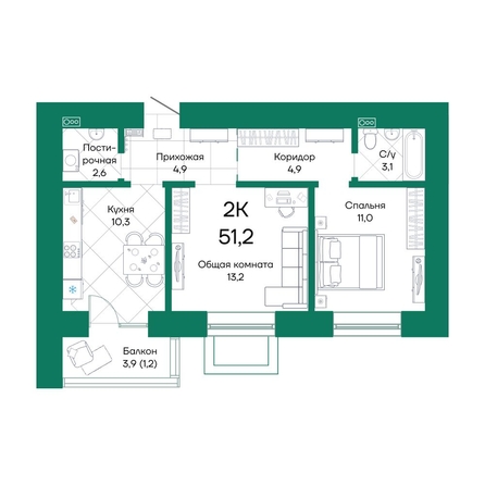 
  Продается 2-комн. квартира, 51.2 м², ЖК Широта, корпус 2
. Фото 1.