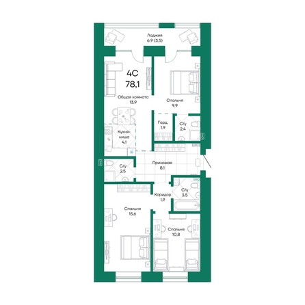 
  Продается 4-комн. квартира, 78.1 м², ЖК Широта, корпус 1
. Фото 1.