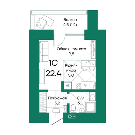 
  Продается студия 22.4 м², в ЖК Широта, корпус 2. Фото 1.
