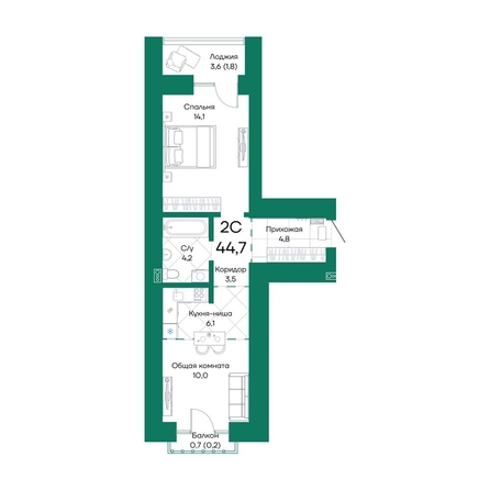 
  Продается 2-комн. квартира 44.7 м², в ЖК Широта, корпус 2. Фото 1.