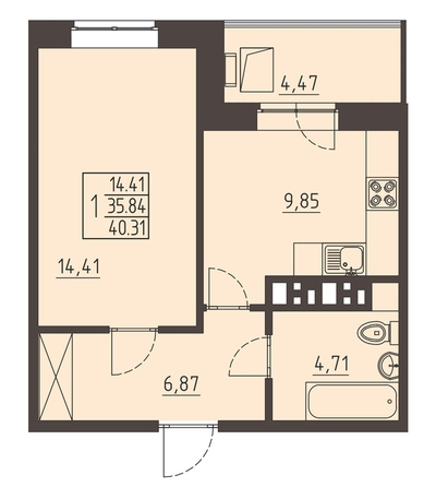 
   Продам 1-комнатную, 40.5 м², Очаг, блок-секция 7

. Фото 1.